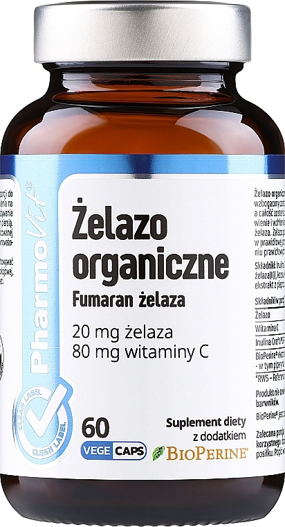 Suplement diety Żelazo organiczne, 20 mg - Pharmovit Clean Label  — Zdjęcie N1