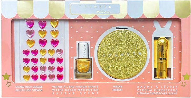 Zestaw - Inuwet Mini Coffret Glitter Girl Gold (lip/balm/3.5g + nail/polish/5ml + mirror/1pc + strass/1pc) — Zdjęcie N1