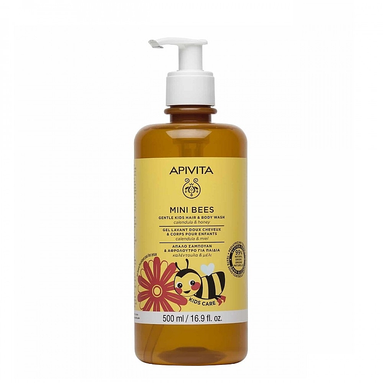 Płyn do mycia ciała i włosów z nagietkiem i miodem, z dozownikiem - Apivita Mini Bees Gentle Kids Hair & Body Wash — Zdjęcie N1