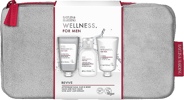 Zestaw - Baylis & Harding Wellness For Men Revived & Ready Wash Bag Gift Set (ash/balm/50ml + sh/gel/100ml + f/wash/50ml + bag/1pc) — Zdjęcie N1