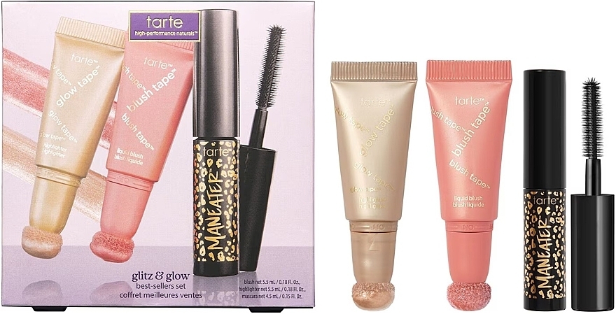 Zestaw - Tarte Cosmetics Glitz & Glow Best-Sellers Set (highl/5,5ml + blush/5,5ml + mascara/4,5ml) — Zdjęcie N1