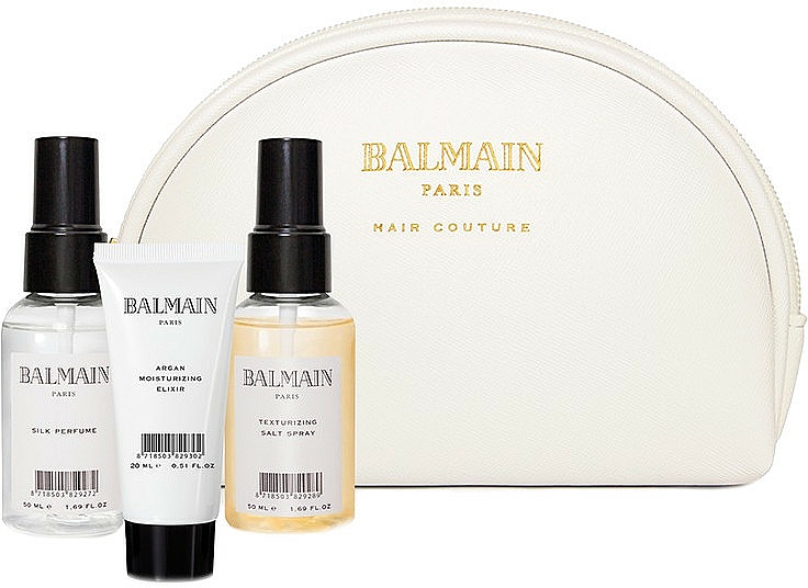 Podróżny zestaw do pielęgnacji włosów - Balmain Paris Hair Couture White Cosmetic Styling Bag (h/parfum 20 ml + elixir 50 ml + styling/spray 50 ml + bag) — фото N1