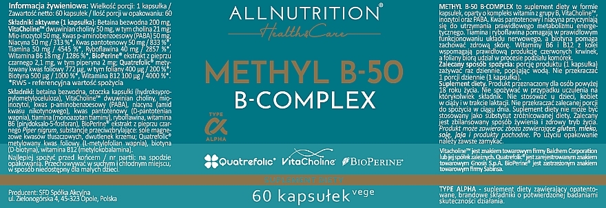 Suplement diety w formie kapsułek - Allnutrition Health & Care Methyl B-50 B-Complex — Zdjęcie N2