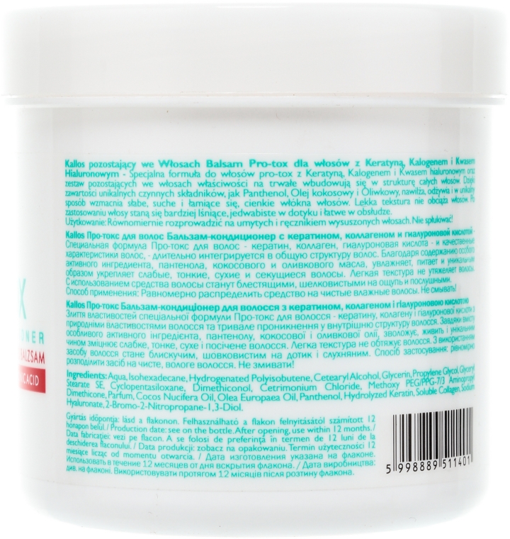 Balsam z keratyną, kolagenem i kwasem hialuronowym do włosów - Kallos Cosmetics Hair Pro-Tox Leave-In Conditioner — Zdjęcie N2