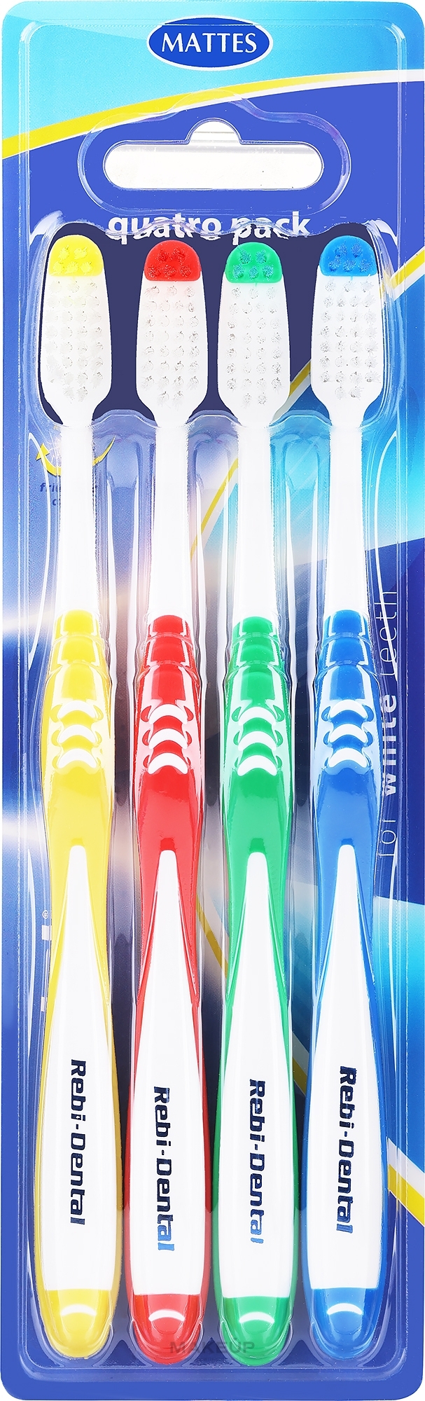 Zestaw szczoteczek do zębów Rebi-Dental M458, średnia twardość, czerwona+żółta+zielona+niebieska - Mattes — Zdjęcie 4 szt.