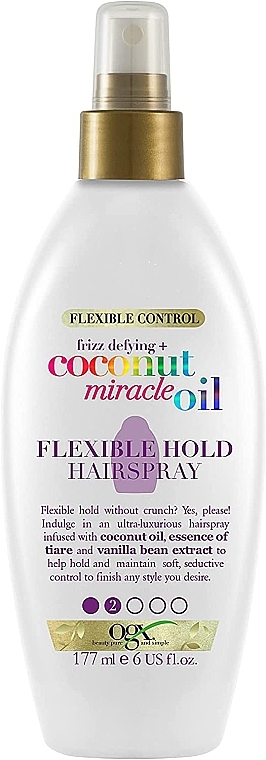 Lakier do włosów w sprayu, lekkie utrwalenie - OGX Coconut Miracle Oil Flexible Hold Hairspray — Zdjęcie N1