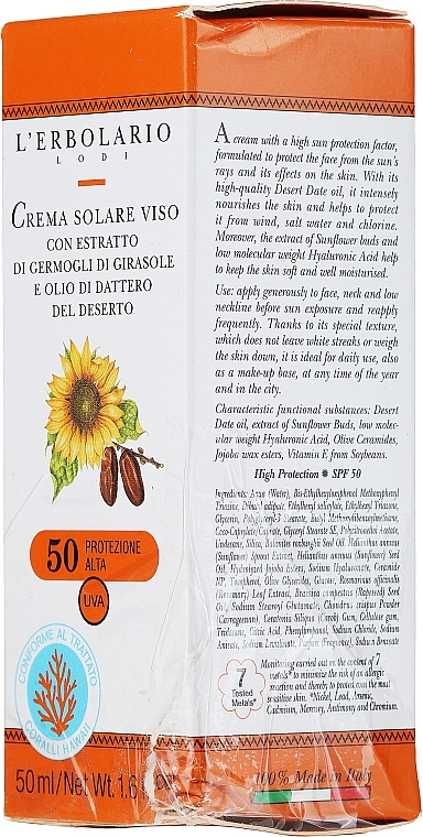 PRZECENA! Wysoce ochronny filtr przeciwsłoneczny z ekstraktem z nasion słonecznika i olejem z daktyli pustynnych - L'Erbolario Face Sun Cream SPF 50 * — Zdjęcie N2