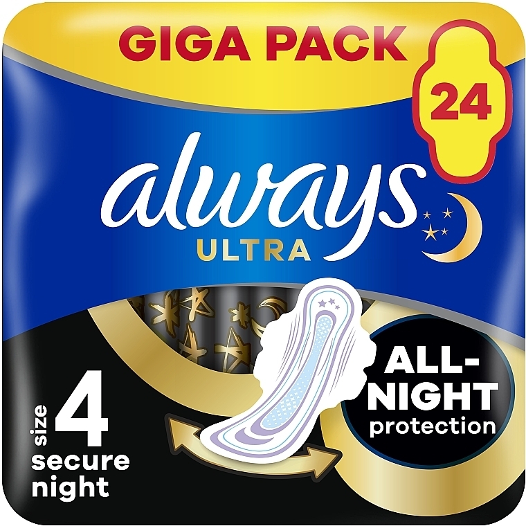 Podpaski higieniczne, rozmiar 4, 24 sztuk - Always Ultra Secure Night — Zdjęcie N1