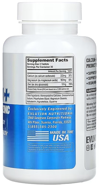 Suplement diety Wapń + Magnez + Cynk - EVLution Nutrition Calcium + Magnesium + Zinc — Zdjęcie N2