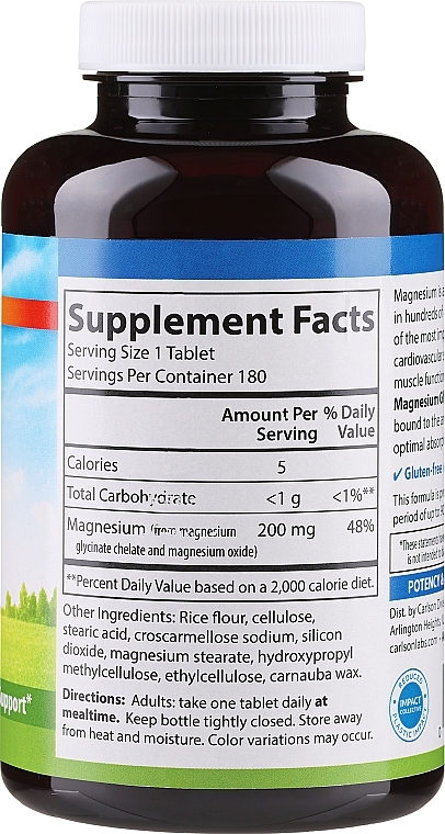 Suplement diety Magnez Chelatowany, 200 mg - Carlson Labs Chelated Magnesium — Zdjęcie N2
