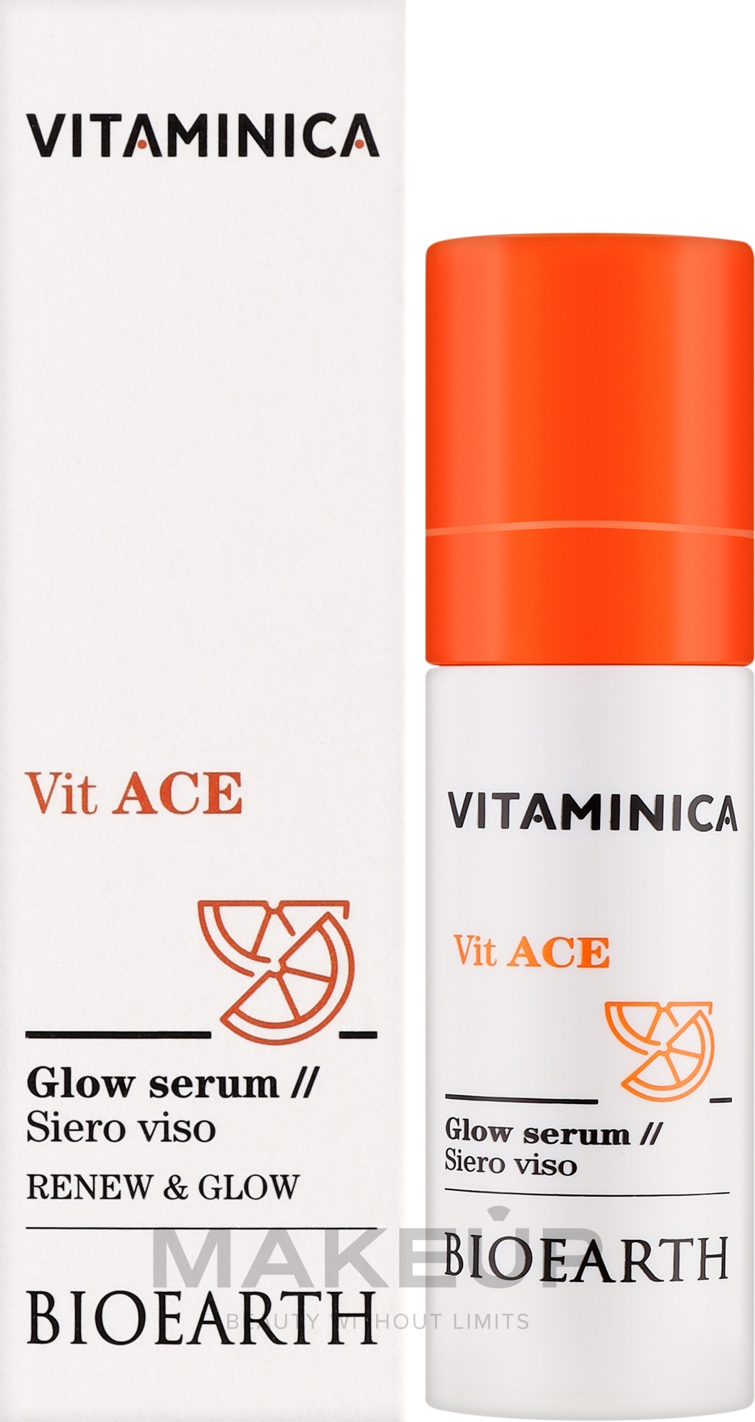 Antyoksydacyjne serum rozjaśniające do twarzy - Bioearth Vitaminica Vit ACE Glow Serum — Zdjęcie 30 ml