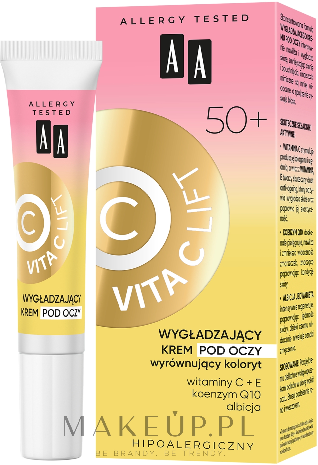 Wygładzający krem pod oczy wyrównujący koloryt 50+ - AA Vita C Lift — Zdjęcie 15 ml
