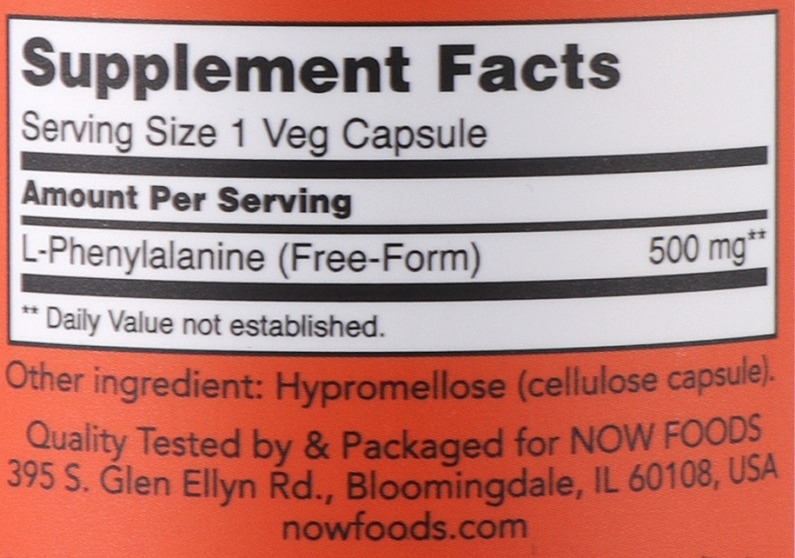 Aminokwas L-fenyloalanina, 500 mg - Now Foods L-Phenylalanine — Zdjęcie N2