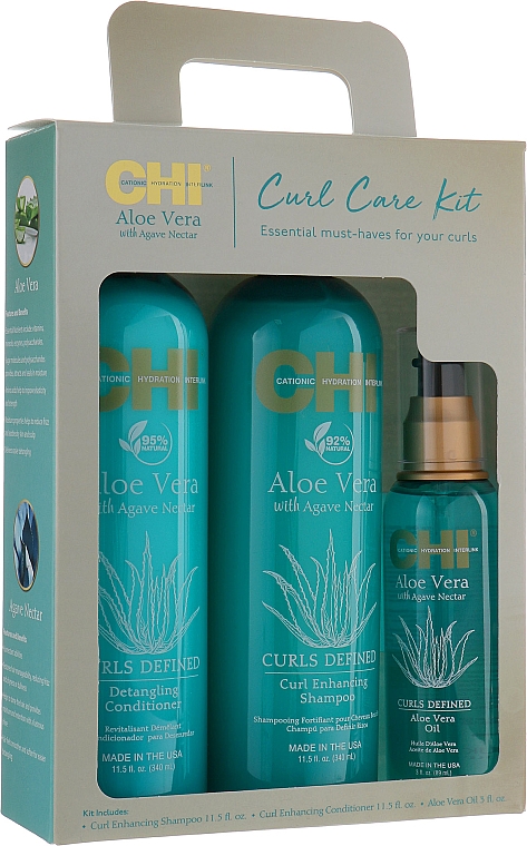 Zestaw - CHI Aloe Vera Curl Care Kit (shm/340ml + cond/340ml + h/oil/89ml) — Zdjęcie N1