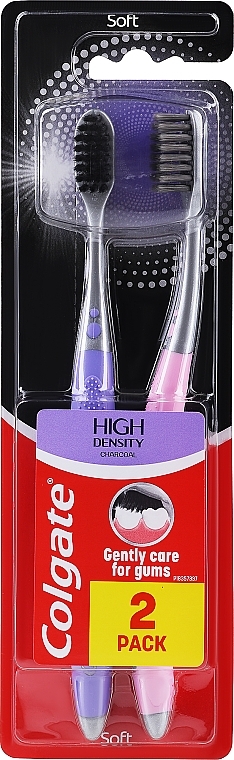 Zestaw szczoteczek do zębów, miękka, różowa + fioletowa - Colgate High Density Charcoal — Zdjęcie N1