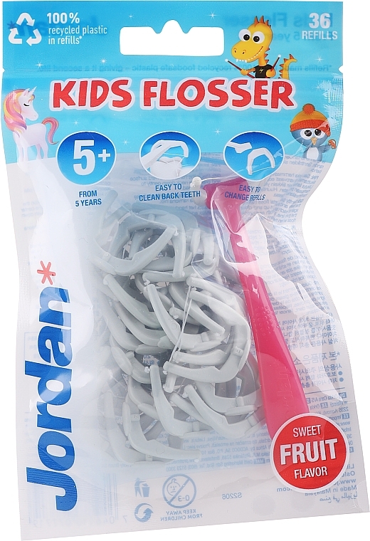 Zestaw do zębów dla dzieci, różowy + jasnoszary - Jordan Kids Flosser (floss/1szt + refils/36szt) — Zdjęcie N1