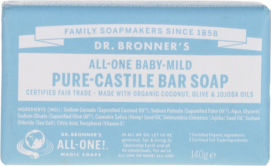 Mydło w kostce dla dzieci - Dr Bronner’s Pure Castile Bar Soap Baby-Mild — Zdjęcie N1