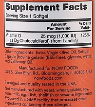 Kapsułki żelatynowe Witamina D3 - Now Foods Vitamin D3 1000 IU — Zdjęcie N3