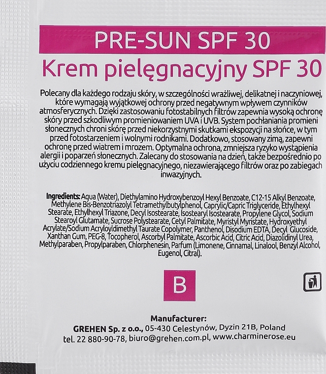 Krem do pielęgnacji skóry po zabiegach inwazyjnych - Charmine Rose Pre-Sun SPF 30 (próbka) — Zdjęcie N2