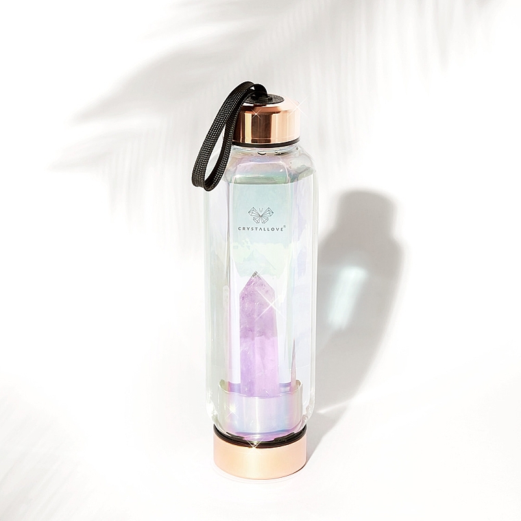 Szklana holograficzna butelka na wodę z ametystem, 650 ml - Crystallove Hexagon Hologram Amethyst Bottle — Zdjęcie N5