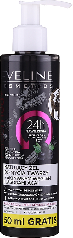 Matujący żel do mycia twarzy z aktywnym węglem i jagodami acai - Eveline Cosmetics Facemed+ — Zdjęcie N1