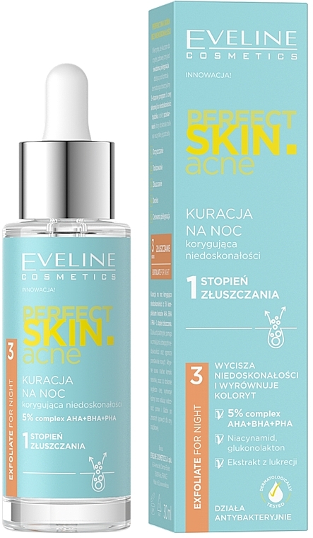 Kuracja na noc korygująca niedoskonałości – 1 stopień złuszczania - Eveline Cosmetics Perfect Skin.acne