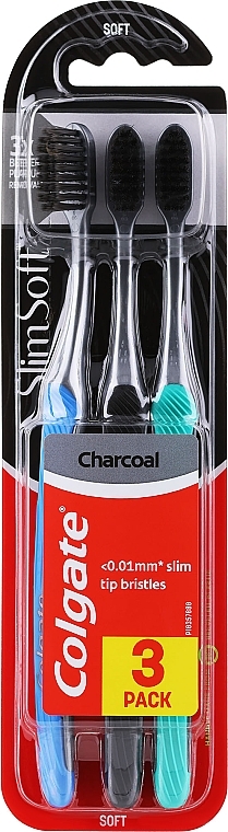 Miękkie szczoteczki do zębów, niebieska + czarna + turkusowa - Colgate Slim Soft Charcoal — Zdjęcie N1