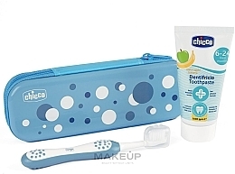 Kup Zestaw podróżny, 6-24 miesięcy, niebieski - Chicco First Milk Teeth (toothbrush/1pc + toothpast/50ml + bag/1pc) 