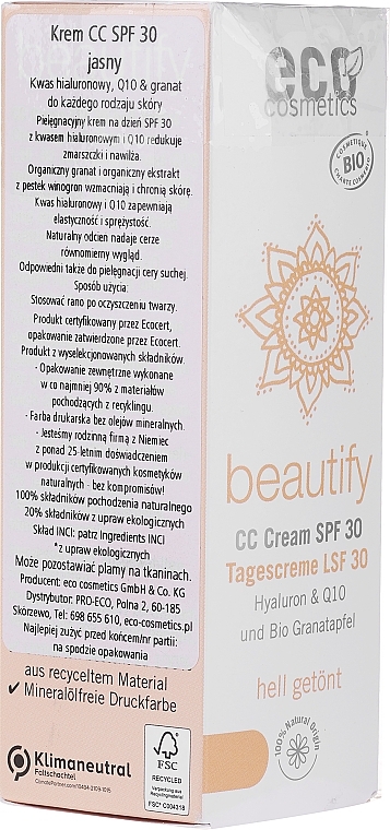 PRZECENA! Krem CC do twarzy - Eco Cosmetics Tinted CC Cream SPF30 * — Zdjęcie N1