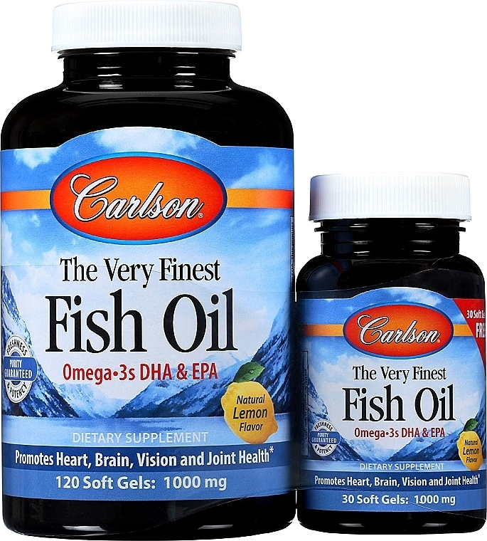 PRZECENA! Zestaw olej rybny o zapachu cytryny - Carlson Labs The Very Finest Fish Oil (cap/120 szt + cap/30 szt) * — Zdjęcie N1