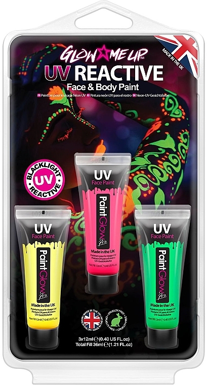 Zestaw neonowych farbek do twarzy - PaintGlow Glow Me Up UV Reaction Face & Body (paint/3x12ml) — Zdjęcie N1