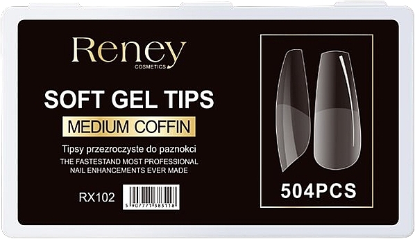 Tipsy, akrylowe, transparentne, 504 szt. - Reney Cosmetics Soft Gel Tips Medium Coffin RX-102 — Zdjęcie N1