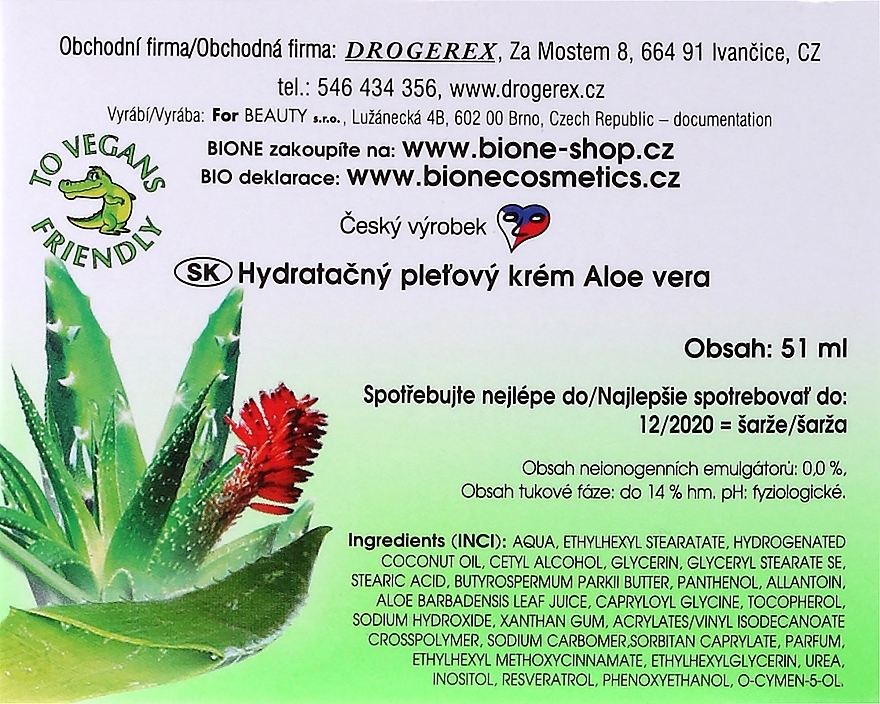 WYPRZEDAŻ Nawilżający krem do twarzy z aloesem - Bione Cosmetics Aloe Vera Hydrating Facial Cream With Panthenol And Ectoine * — Zdjęcie N3