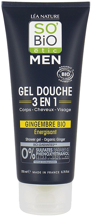 Szampon, żel pod prysznic i do mycia twarzy 3 w 1 dla mężczyzn - So'Bio Etic Men Shower Gel Organic Ginger — Zdjęcie N1