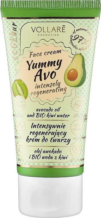 Intensywnie regenerujący krem do twarzy z olejem awokado i bio wodą z kiwi - Vollare Cosmetics VegeBar Yummy Avo Regenerating Cream