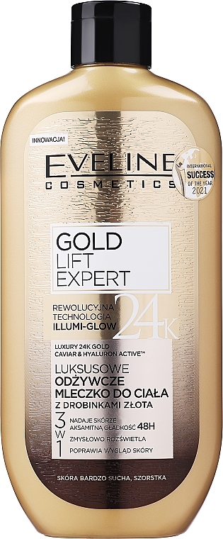 PRZECENA! Mleczko do ciała z drobinkami złota - Eveline Cosmetics Gold Lift Expert 24K (bez dozownika) * — Zdjęcie N1