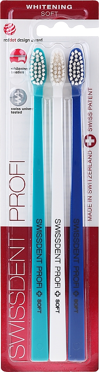Zestaw ekstramiękkich szczoteczek do zębów, niebieska + błękitna + biała - Swissdent Profi Whitening Soft Trio-Pack — Zdjęcie N1