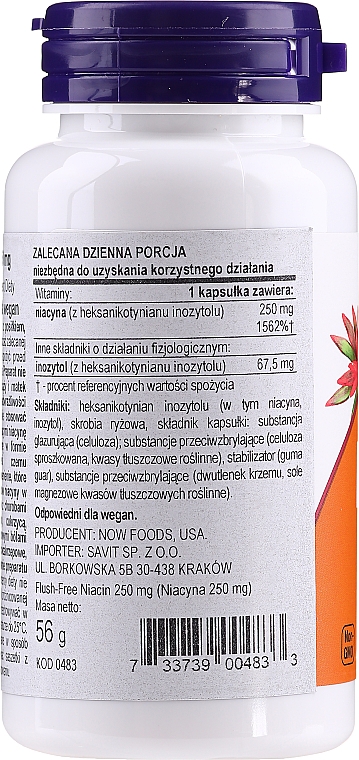 Suplement diety Niacyna, 250 mg - Now Foods Flush-Free Niacin — Zdjęcie N3