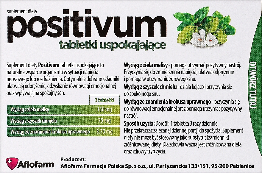 Suplement diety Tabletki uspokajające - Aflofarm Positivum — Zdjęcie N2