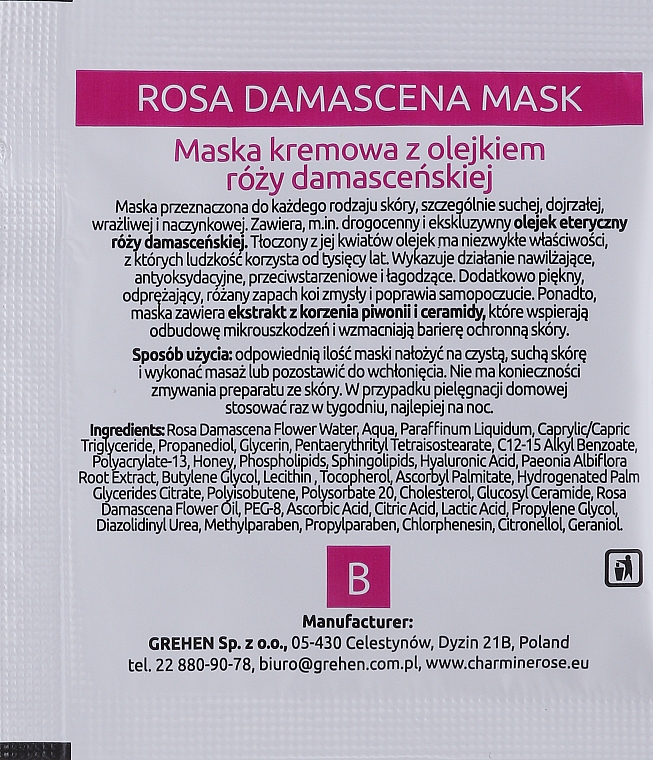 Krem-maska ​​do twarzy z olejkiem z róży damasceńskiej - Charmine Rose Rosa Damascena Mask (próbka) — Zdjęcie N2