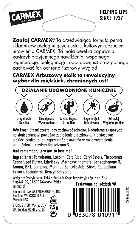 Nawilżający balsam do ust w słoiczku - Carmex Watermelon Lip Balm  — Zdjęcie N3