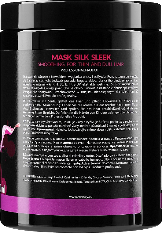 Maska do włosów z proteinami jedwabiu - Ronney Professional Silk Sleek Smoothing Mask  — Zdjęcie N4