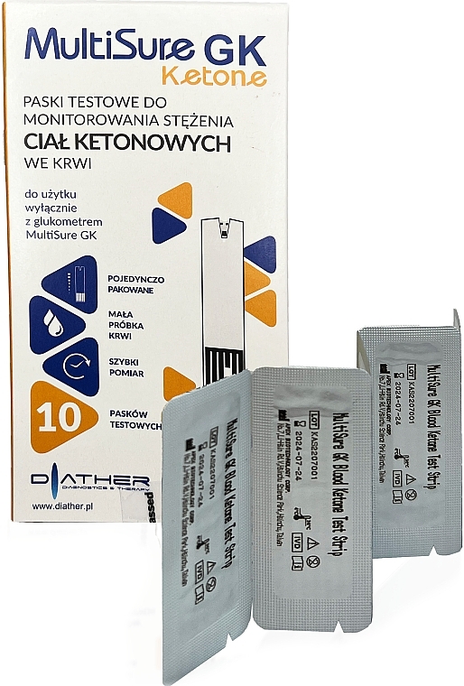 Paski testowe do określania poziomu ketonów we krwi, 10 szt. - Diather Diagnostics & Therapy MultiSure GK Ketone — Zdjęcie N2