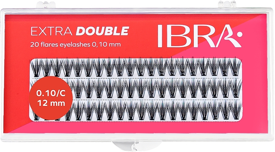 Kępki sztucznych rzęs 0,1 mm, 12 mm - Ibra Extra Double 20 Flares Eyelash C 12 mm — Zdjęcie N1