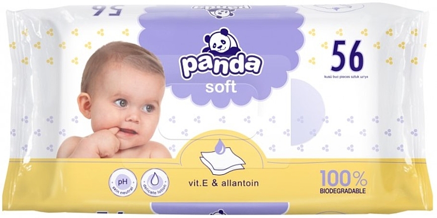 Chusteczki nawilżane Panda Soft z alantoiną i witaminą E, 56 szt. - Bella Baby — Zdjęcie N1