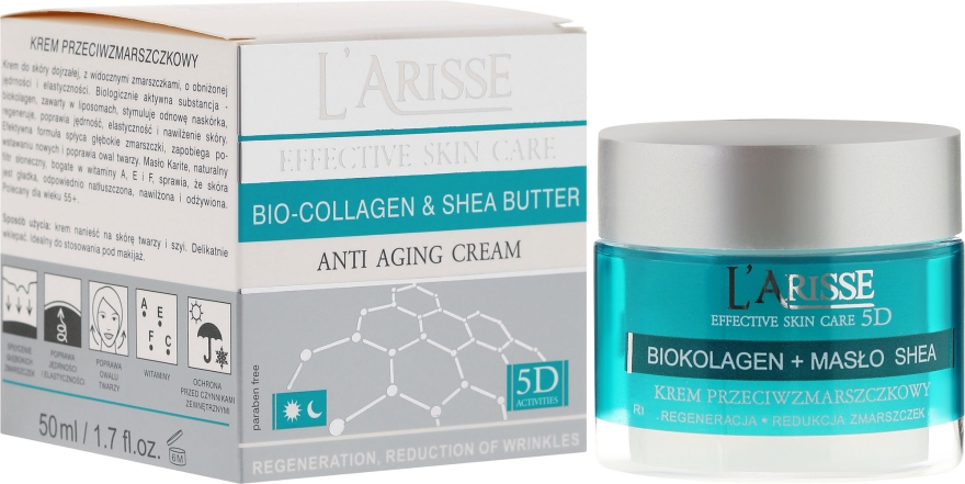 Przeciwzmarszczkowy krem z biokolagenem i masłem shea 55+ - AVA Laboratorium L’Arisse 5D Effective Skin Care 5D