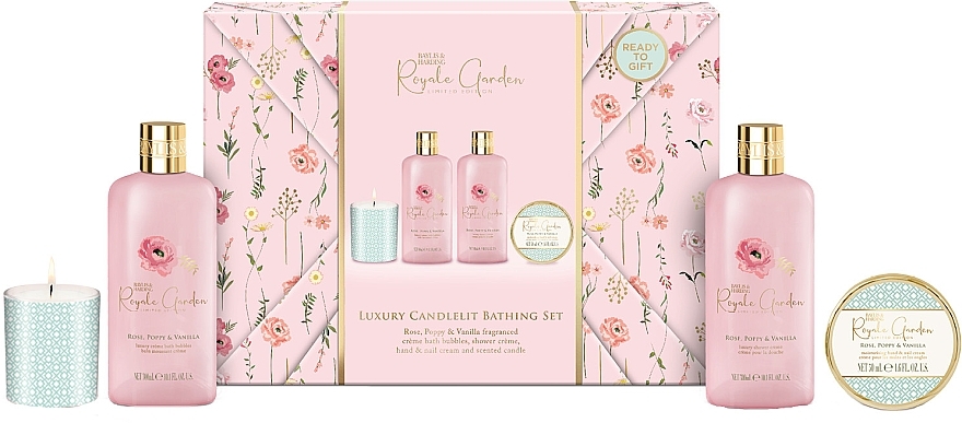 Zestaw - Baylis & Harding Royale Garden Rose, Poppy & Vanilla Gift Wrapped Candletlit Gift Set (sh/cr/300ml + h/cr/50ml + b/bubble/300ml + candle/60g) — Zdjęcie N1