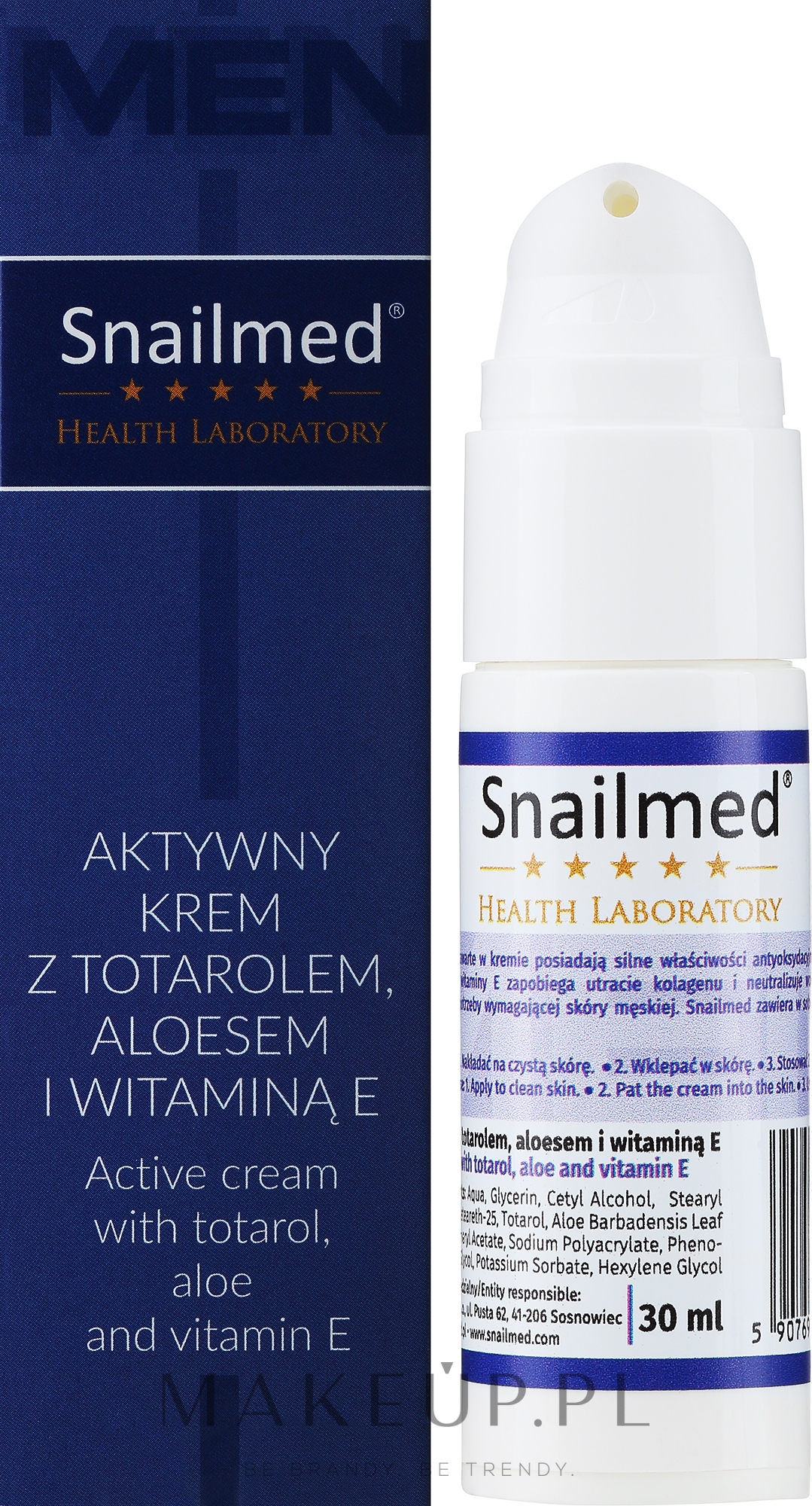 Krem do twarzy dla mężczyzn z totarolem, aloesem i witaminą E - Snailmed Health Laboratory — Zdjęcie 30 ml
