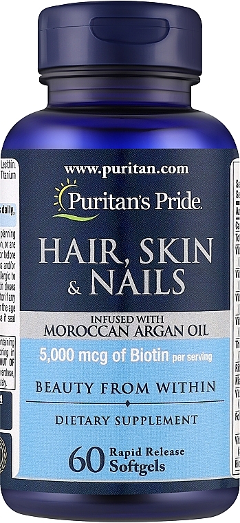 Kompleks witamin na włosy, skórę i paznokcie - Puritan's Pride Hair Skin Nails infused with Moroccan Argan Oil — Zdjęcie N1