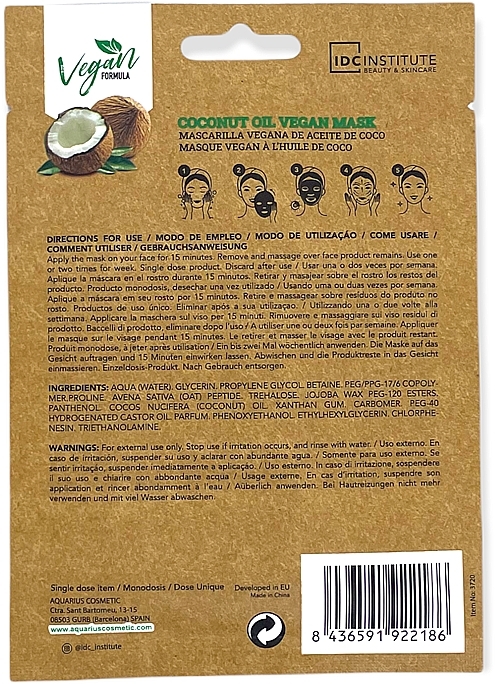 Wegańska maska w płachcie z olejem kokosowym - IDC Institute Vegan Formula Coconut Oil Face Mask — Zdjęcie N2